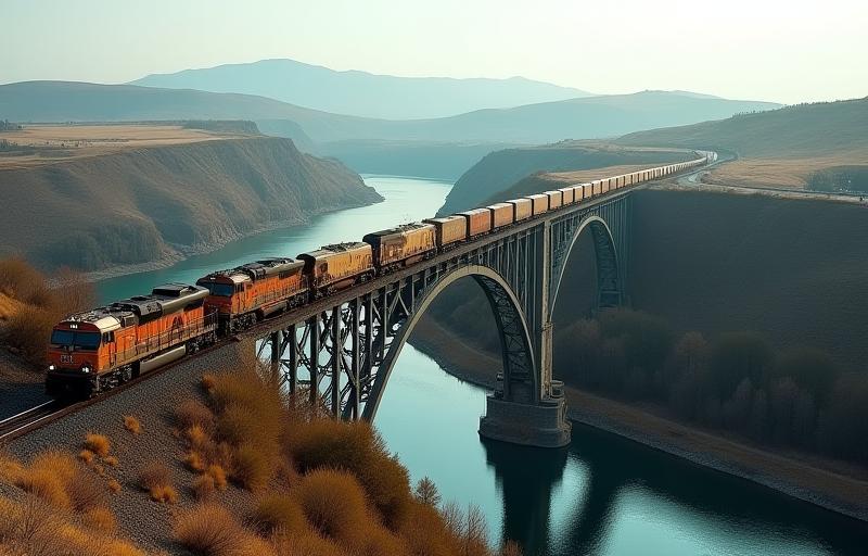 Freight train moving across a bridge