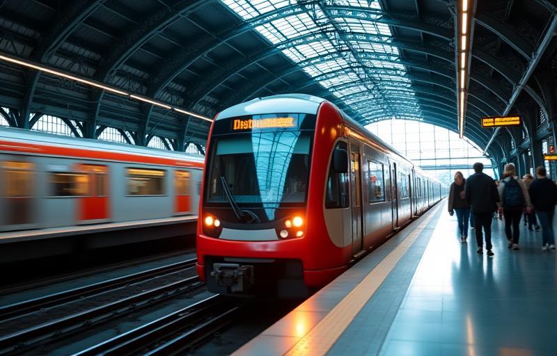 Modern passenger train arriving at a city station