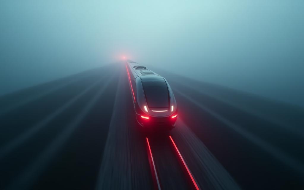 Aerial view of high-speed train through foggy landscape with glowing rails