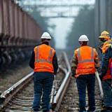 Workers coordinating on a train track