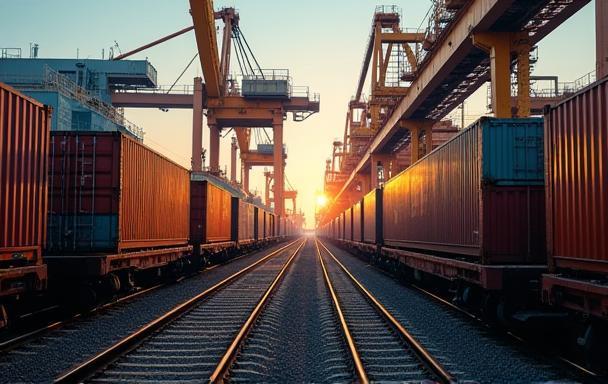 Busy rail terminal with cranes and trains