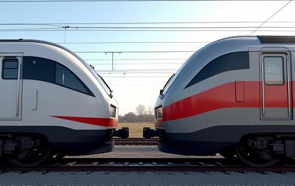 Modern passenger and freight trains side-by-side