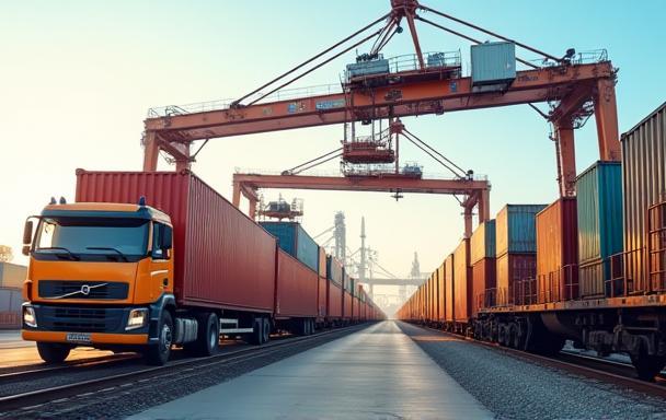 Shipping containers being loaded onto a train from a truck
