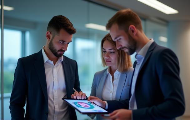 Business professionals reviewing logistics data on a tablet