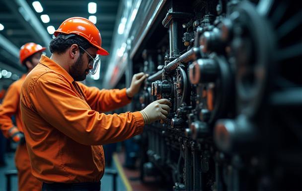 Technicians inspecting a train engine